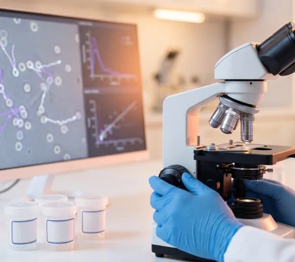 Lab technician examining a sample under a microscope